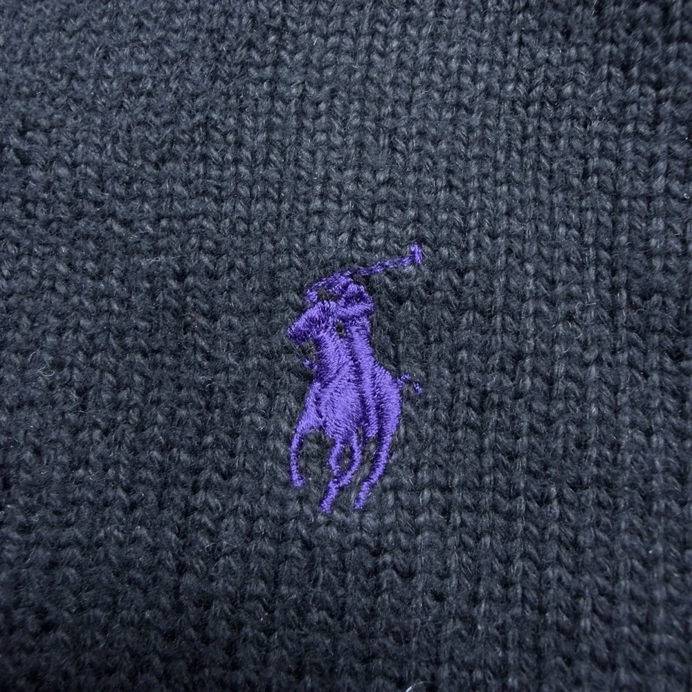 Polo Ralph Lauren Large Knit Sweater Black 1/4 Button Mock Neck Purple Pony